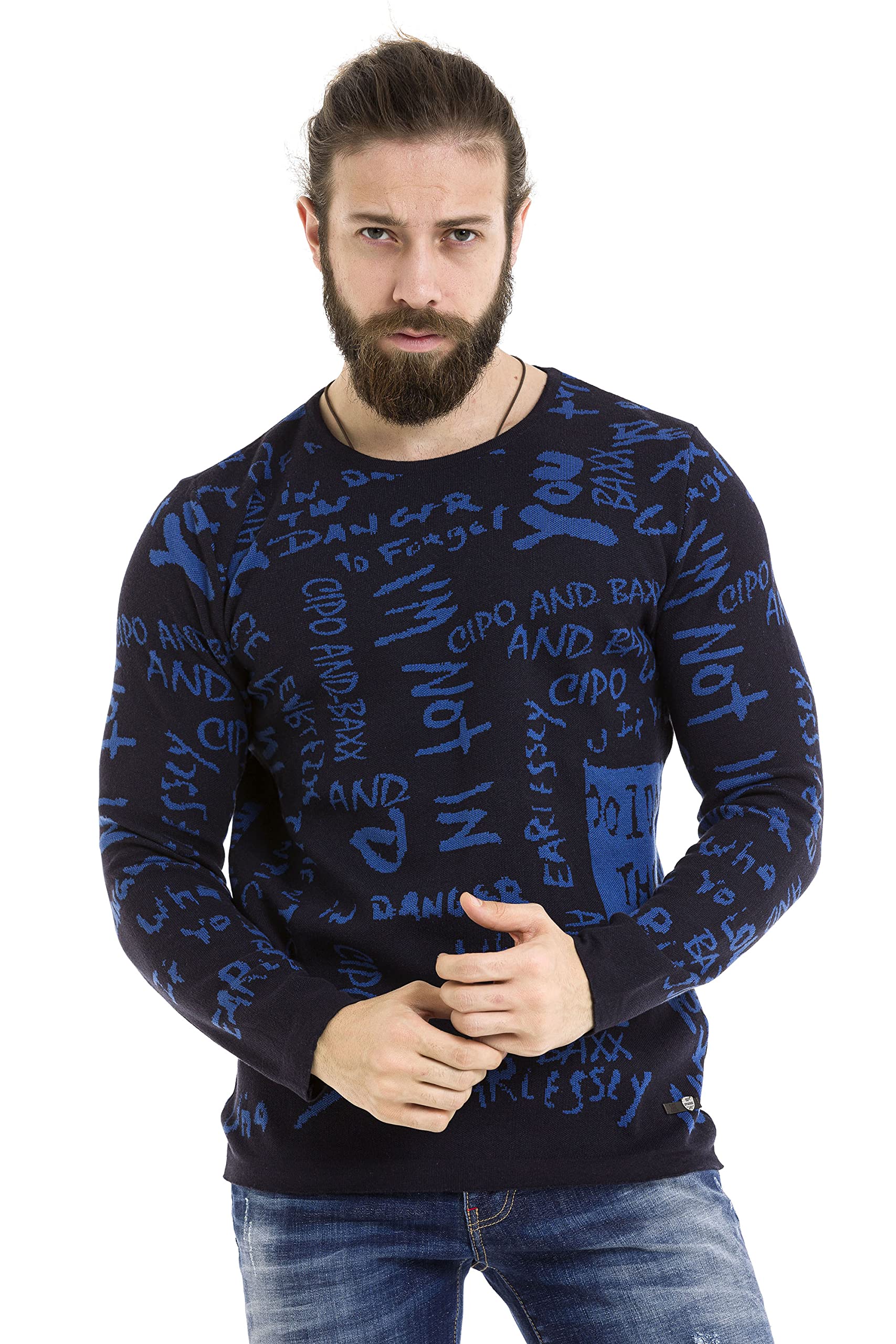 Cipo & Baxx Herren Strick Pullover Alloverprint Sweater Rundhals Pulli CP276 Dunkelblau L