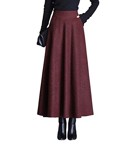 Damen Lang Rock Winter Warm Wollrock Vintage Elegante Gitter Rock Casual Winterrock Elastische Taille A-Linie Midi Rock Hohe Taille Rock Faltenrock Rotwein-L