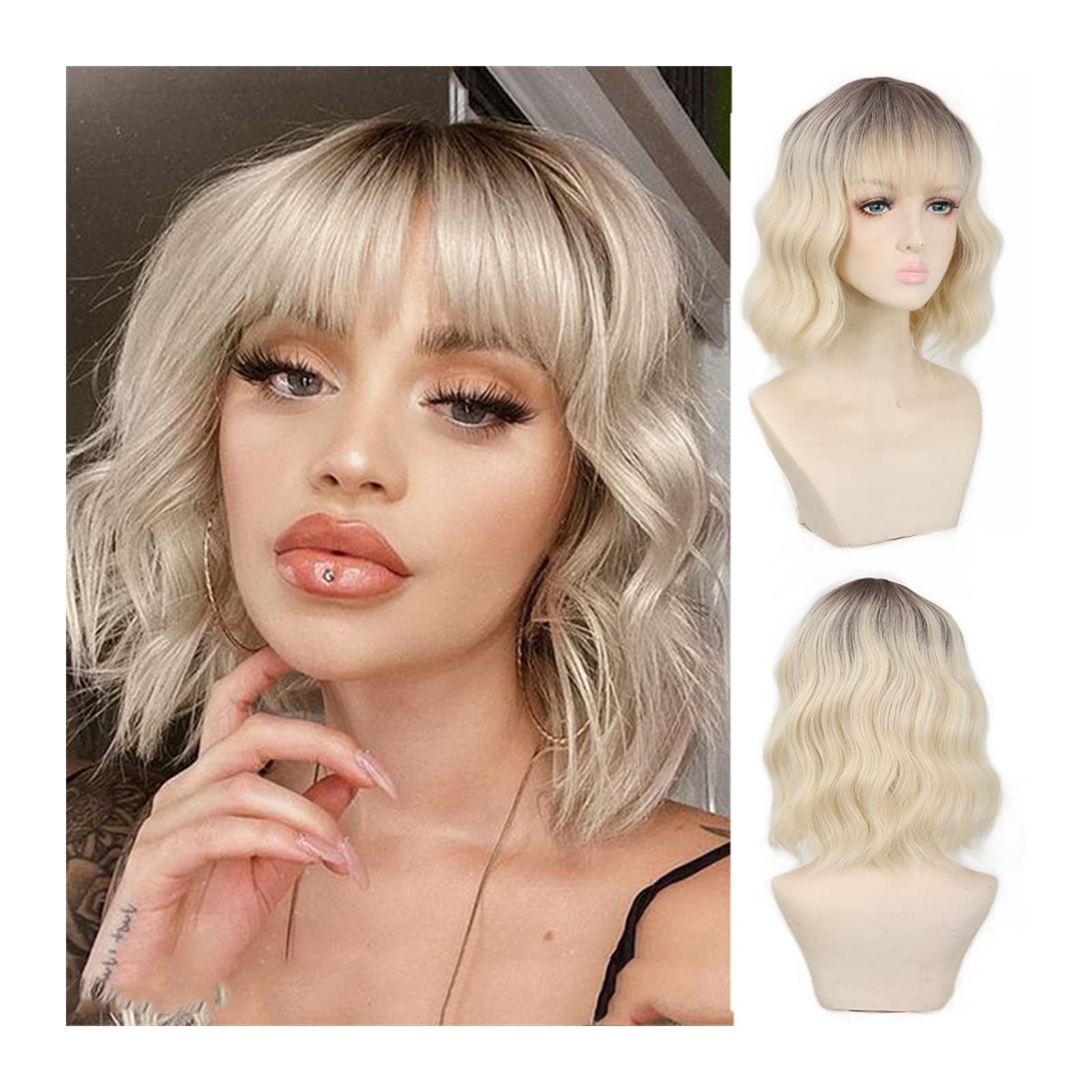 Perücke für Frauen Synthetische kurze Bob-Perücke mit Pony Blonde gewellte lockige Damenperücke mit schwarzer Wurzel Natürliche hitzebeständige synthetische Bob-Perücke Human Hair Wig