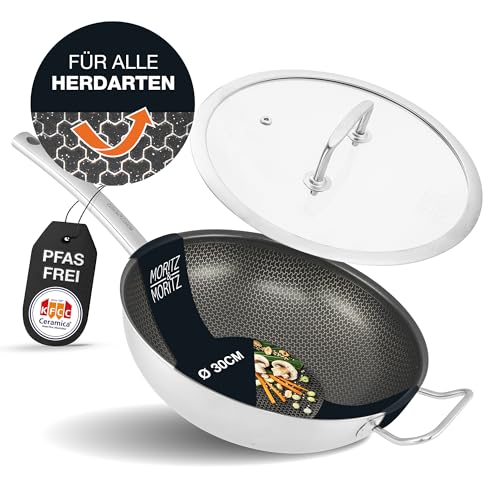 Moritz & Moritz Edelstahl Wokpfanne mit Deckel 30cm und Keramikbeschichtung der neuesten Generation - für alle Herdarten geeignet - Antihaft Wok Wabenstruktur zum Kochen, Braten und Schmoren