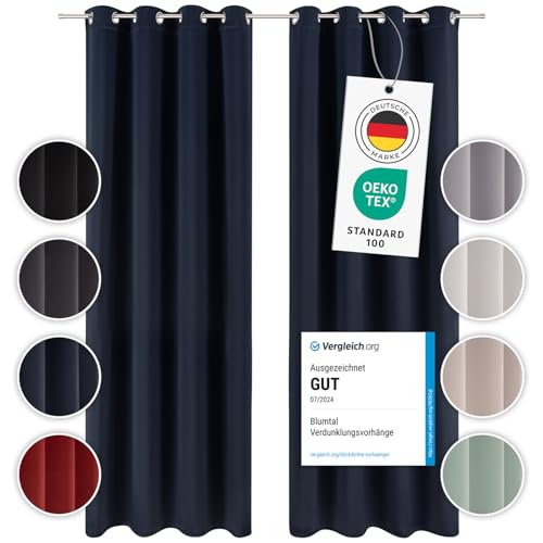 Blumtal Verdunklungsvorhänge 2er Set - Thermovorhang Kälteschutz - Vorhang Blickdicht mit Ösen - Gardinenschals mit Schlaufen/Thermovorhang - Gardinen 225x140cm - Curtains for Bedroom - Vorhang Blau