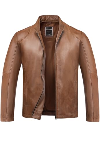 Amaci&Sons Herren Echtleder Jacke Biker Zipper Lederjacke 9106 Cognac L