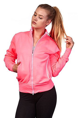 Happy Clothing Damen Sweatjacke mit Reißverschluss und Kragen ohne Kapuze im sportlichen Design, Elegante Jacke aus Baumwolle für Sport und Freizeit, Größe:L, Farbe:Neonpink