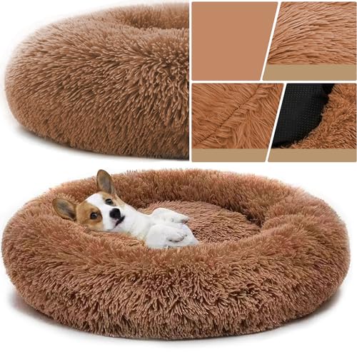 YUNDONGBA Hundebett waschbar, mit waschbarem Bezug, Hundekissen, Hundekorb, Katzenbett, Flauschiges Hundebett Donut Kissen für große mittelgroße kleine Hunde (Khaki, 80CM)