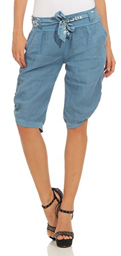 Mississhop 281 Damen Capri 100% Leinen Bermuda lockere Kurze Hose Freizeithose Shorts mit Gürtel und Knöpfen Jeansblau L