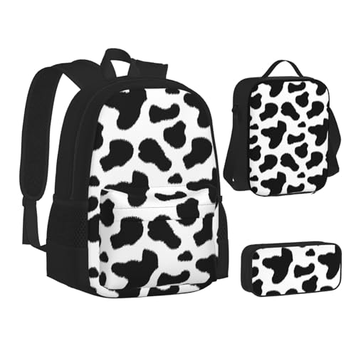 WURTON Büchertasche mit Weltkartenaufdruck, Federmäppchen, 3-in-1, Schulrucksack-Set, Kinderrucksack, Schwarz-weißer Leopardenmuster, Einheitsgröße