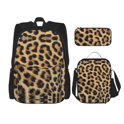 WURTON Schulrucksack-Set mit rauem Leopardenmuster, 3-in-1 Büchertasche-Set mit Lunchbox, Federmäppchen, Reise, Laptop, Tagesrucksack