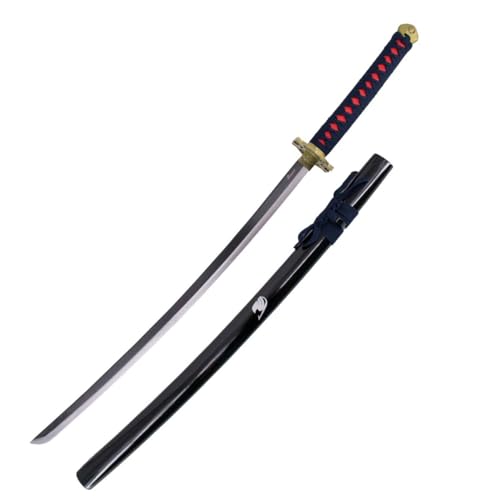 Katana S5044 von Erza Scarlett aus Fairy Tail, inoffizielle Nachbildung, 103 cm, Schwarze Stahlklinge, schwarzer lackierter Scheide mit silbernen Details, dunkelblau Griff und rot