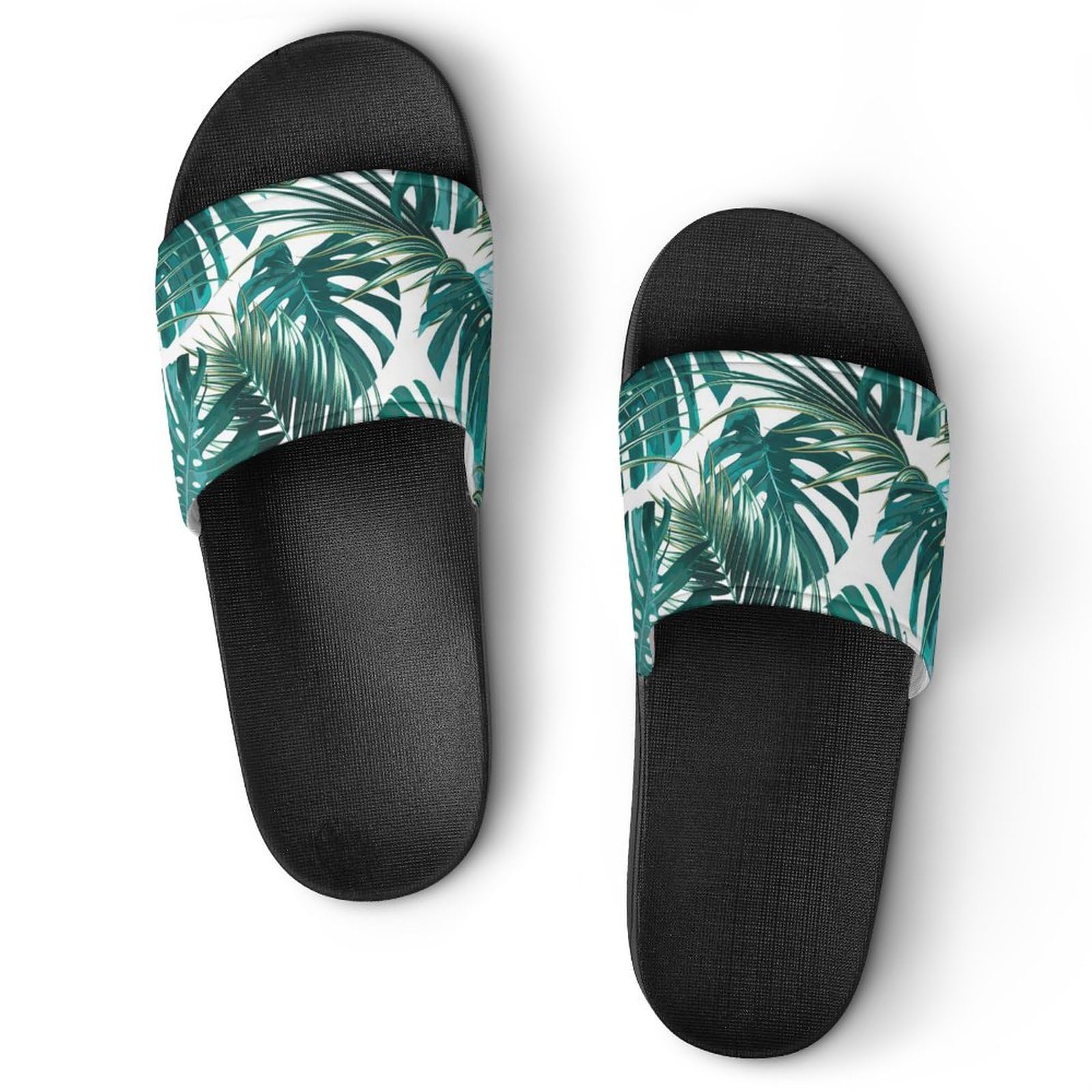 HABXNJF Duschpantoffeln, Palmblatt und Monstera Slider für Männer und Frauen, rutschfeste Slides für Indoor, Outdoor, Schwarze Palmenblätter und Monstera, 42 1/3 EU