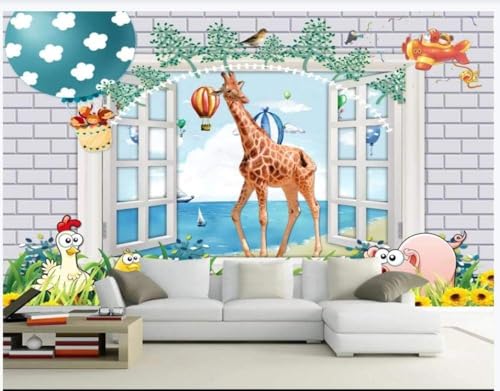 Backsteinmauer Giraffe Heißluftballon Fenster 3D Tapete Poster Restaurant Schlafzimmer Wohnzimmer Sofa TV Dekorative Wand-150cm×105cm