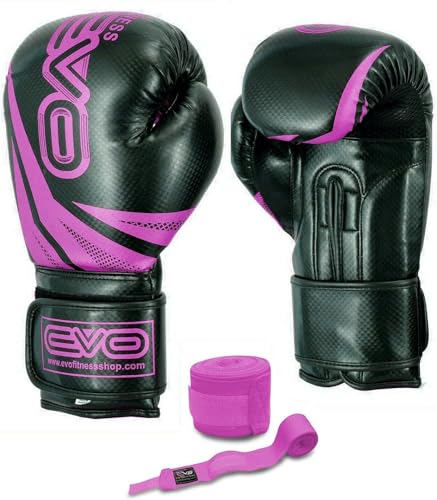 EVO Fitness Damen Rosa Gel Rex-Leder Boxhandschuhe Boxsack MMA Muay Thai Kampfsport Kickboxen - Rosa, 12oz