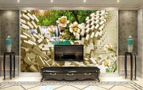 Backsteinmauer Wasserfall Wald Gelbe Blumen 3D Tapete Poster Restaurant Schlafzimmer Wohnzimmer Sofa TV Dekorative Wand-430cm×300cm