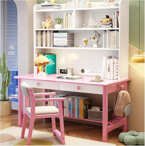 Einfacher Schreibtisch aus Massivholz mit integriertem Bücherregal, ideal für das Heimbüro oder das Schlafzimmer, Pink ohne Stuhl, 80 x 60 x 190 cm