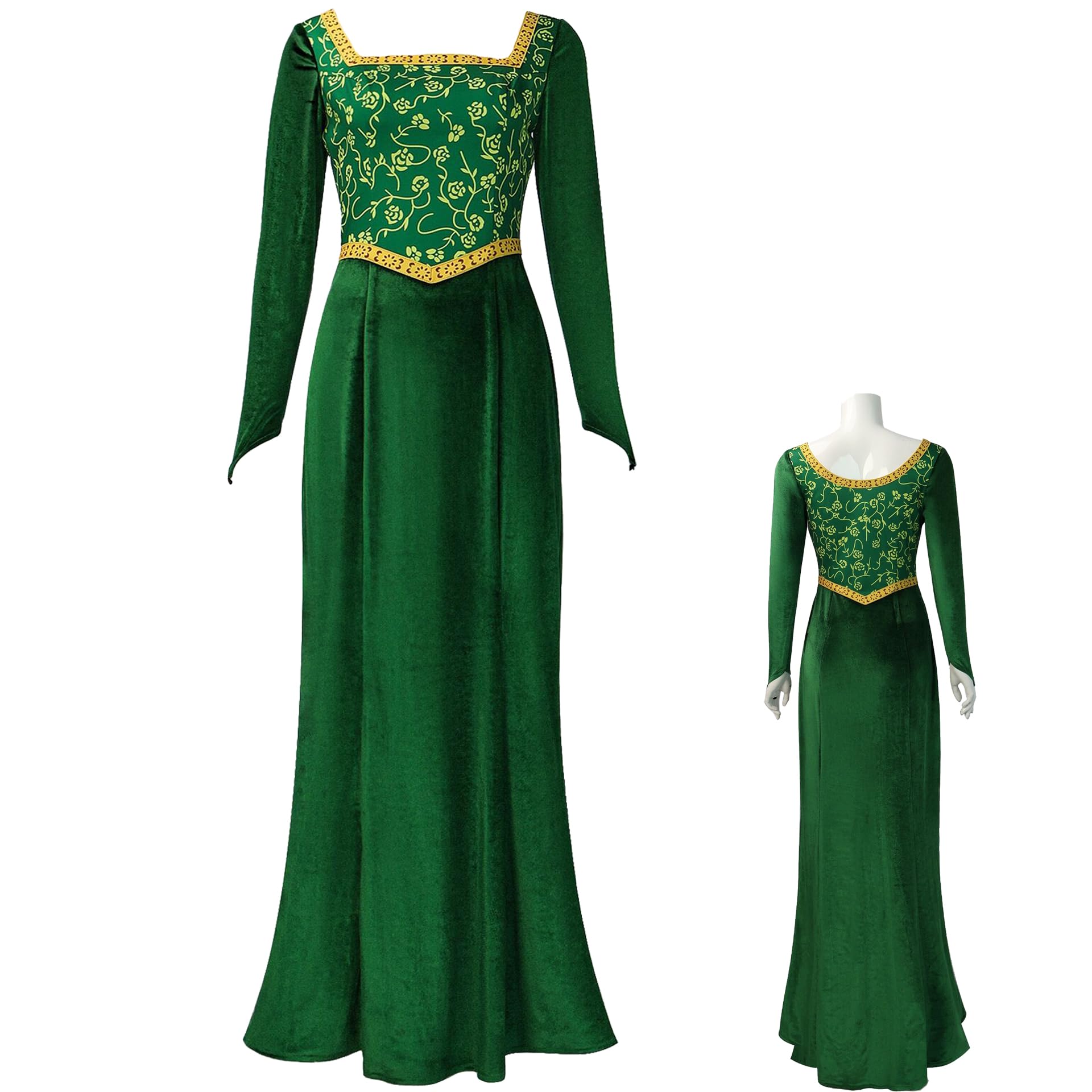 AYYOHON Fiona-Kostüm für Damen, Prinzessinnen-Fiona-Kleid für Erwachsene, lange Ärmel, grünes Kleid, Kleid, Halloween, Cosplay, Party, Outfit, Größe M