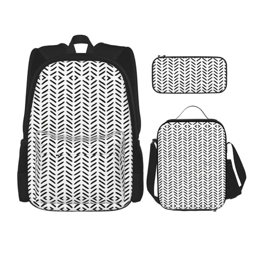 WURTON Schwarz-Weiß-Muster-Druck, verstellbare Schultergurte, Rucksack-Set, Lunch-Tasche, Federmäppchen, Kombinationstaschen-Set