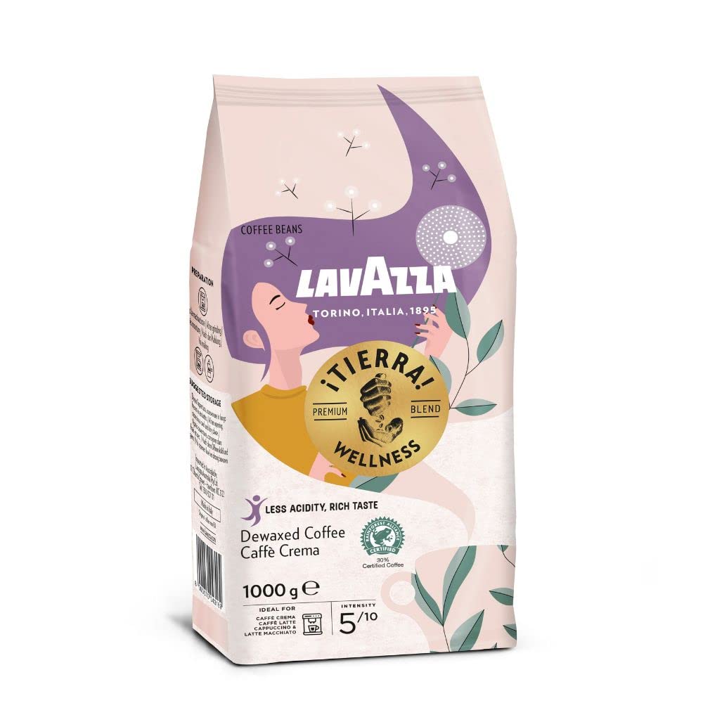 Lavazza, Tierra Wellness, Geröstete Bohnen Kaffee, Ideal für die Mokka-Kanne, ein Delikater mit Schokoladenaromen, Arabica und Robusta, Intensität 5/10, Mittlere Röstung, 1 kg Packung