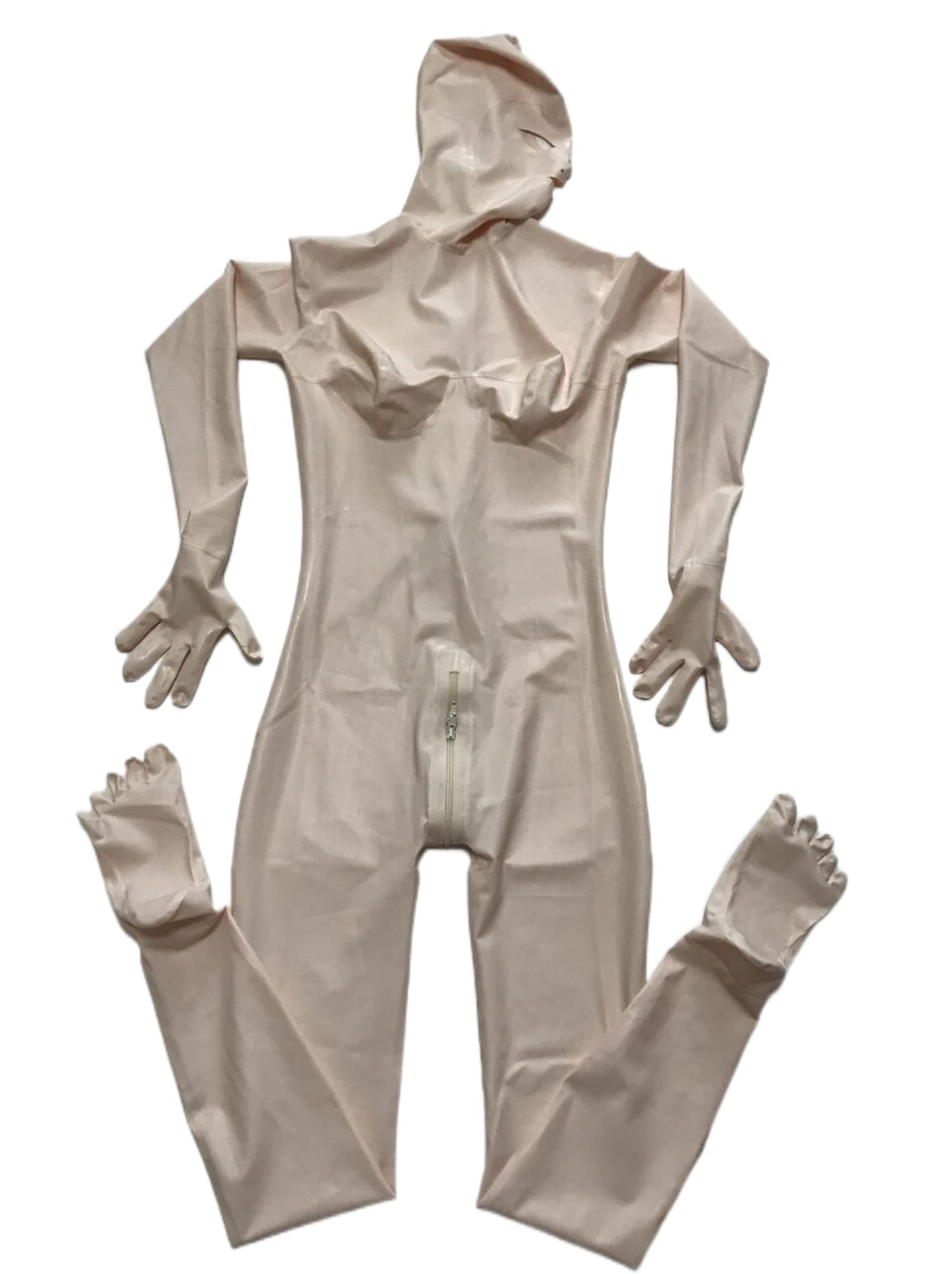 Handgefertigter Fleshcolor Latex Ganzkörperanzug 3D-Brust-Catsuit mit Kapuze, Handschuhen, Zehensocken