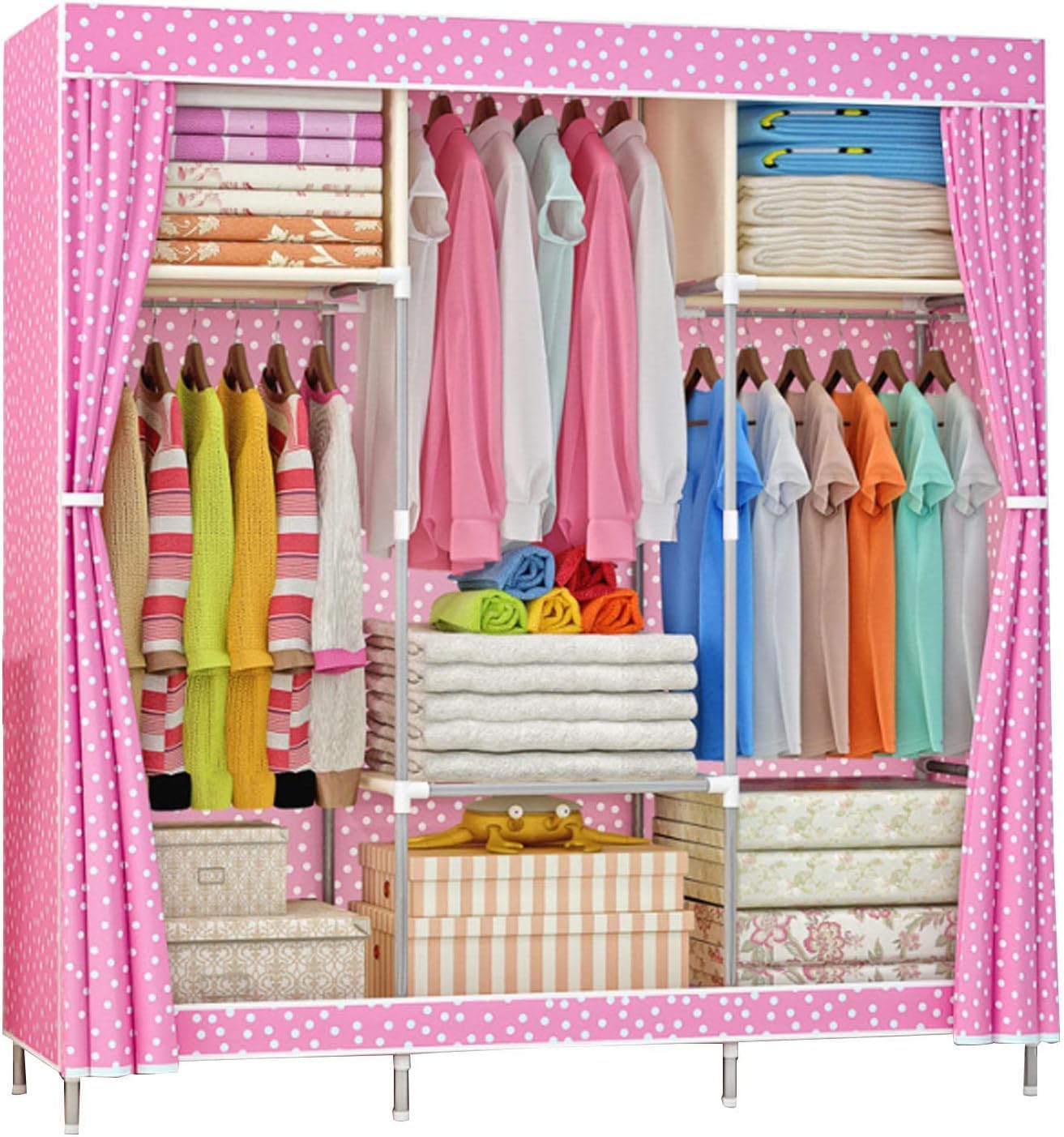 Kleiderschrank aus Segeltuch, Stoffgarderobe, Faltbarer Kleiderschrank, Aufbewahrungsorganisator mit Kleiderstange, Kleiderschrankregale für Schlafzimmer, Rosa, 105 x 46 x 156 cm