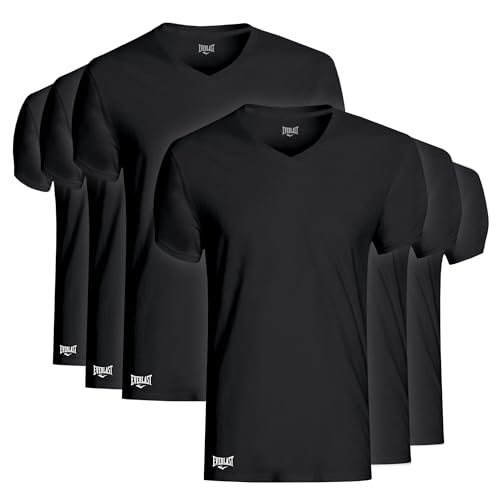 Everlast Essential Herren-Unterhemden mit V-Ausschnitt, atmungsaktiv, ohne Etikett, Baumwolle, Herren-T-Shirt, 6er-Pack, Schwarz, L