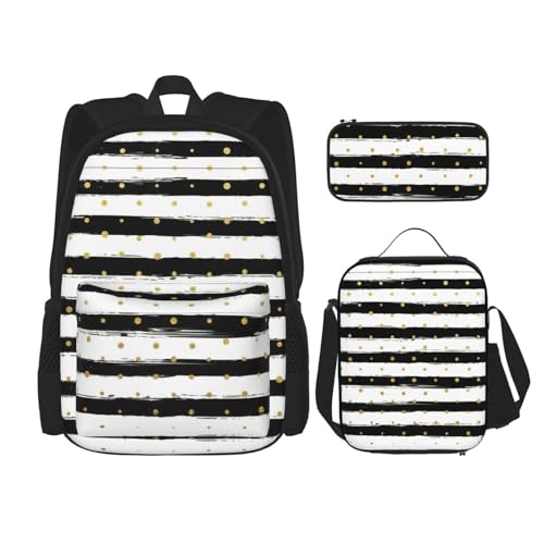 WURTON Tinten- und Gold-Punkt-Streifen-Druck, verstellbare Schultergurte, Rucksack-Set, Lunchtasche, Federmäppchen, Kombinationstaschen-Set