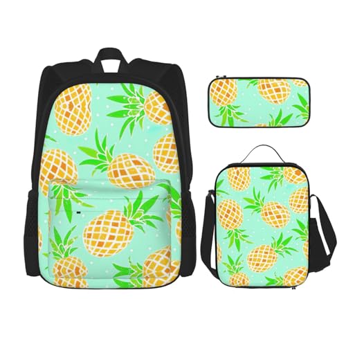 WURTON Rucksack mit grünem Ananas-Druck, 3-in-1, Büchertaschen-Set, Lunchbox, Federmäppchen, Reise-Laptop-Tagesrucksäcke, Schwarz, Einheitsgröße