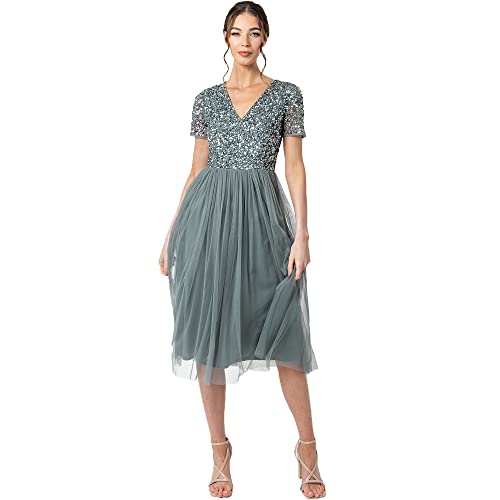 Maya Deluxe Damen Midi-Kleid mit V-Ausschnitt, Verziert Brautjungfernkleid, Grün (Misty Green), 46 Größen