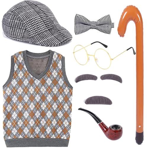 Oxxggkao Großvater Set Halloween Alter Kostüm Set Pfeife Brille Augenbrauen 100. Schultag