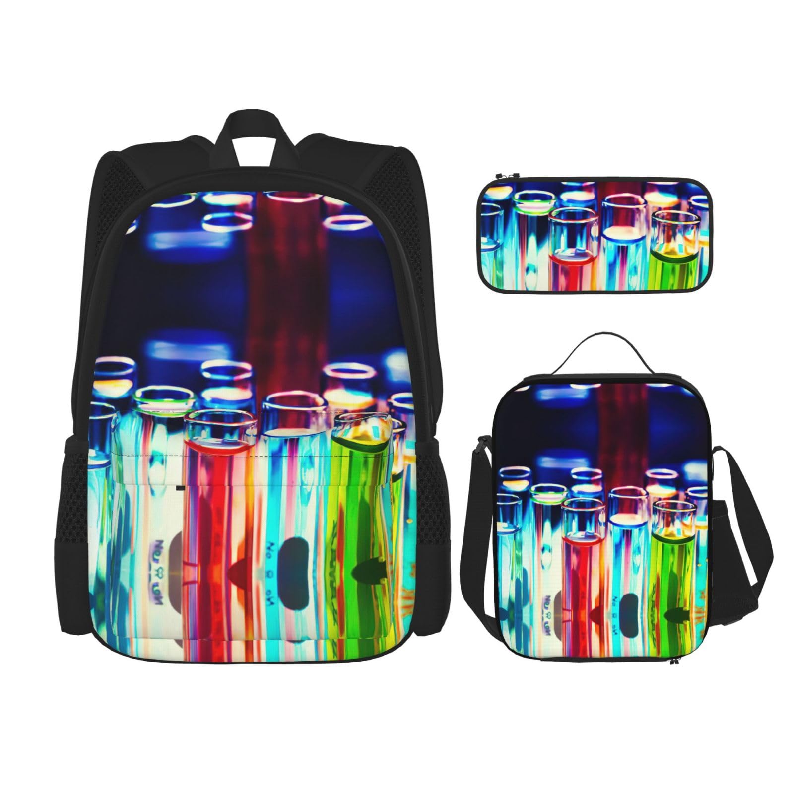 WURTON Chemie-Reagenzglas-Druck, verstellbare Schultergurte, Rucksack-Set, Lunchtasche, Federmäppchen, Kombinationstaschen-Set