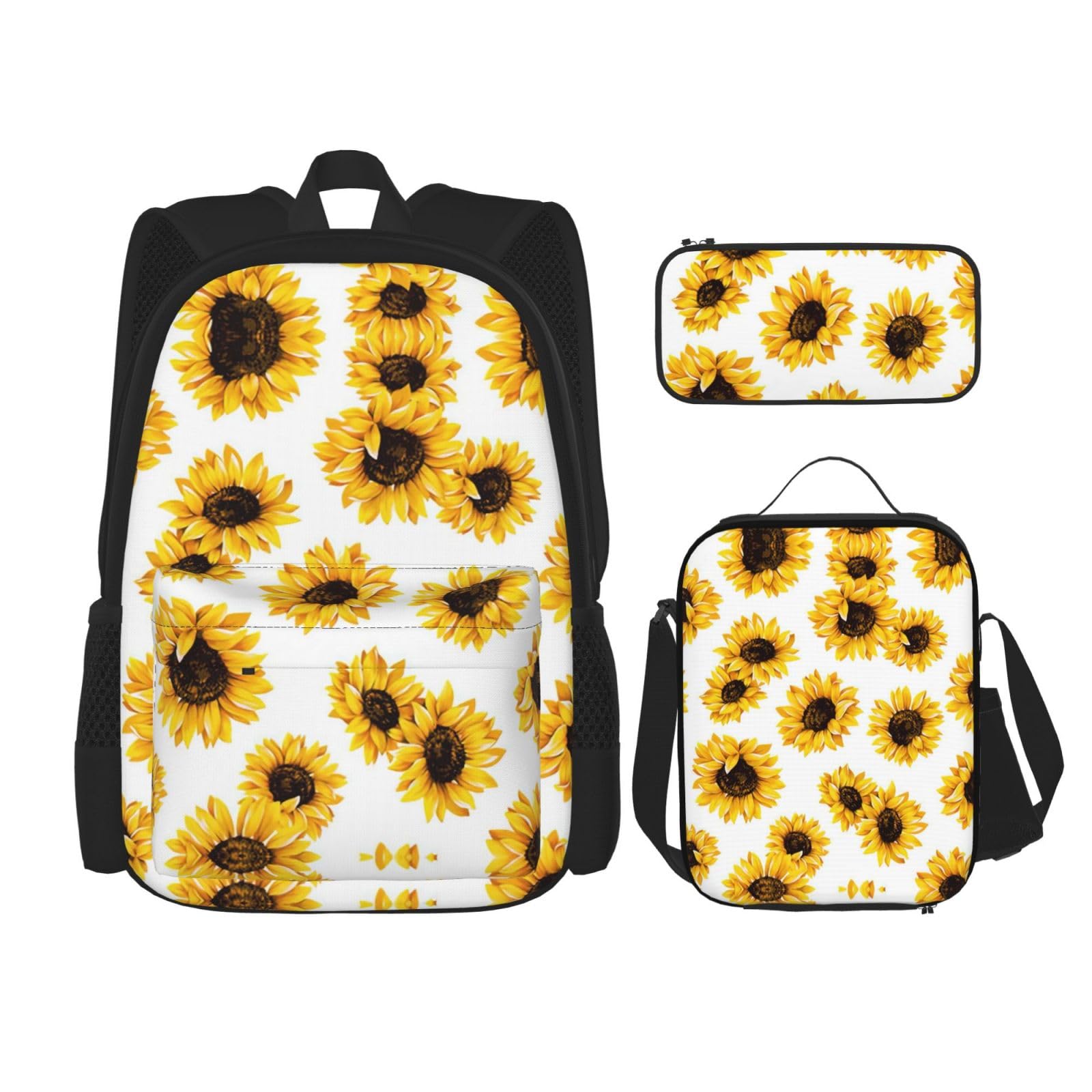 WURTON Lunchbox mit Sonnenblumen-Druck, Federmäppchen, Rucksack-Set, 3-teilig, verstellbare Riemen, langlebig, leicht, Schwarz, One Size