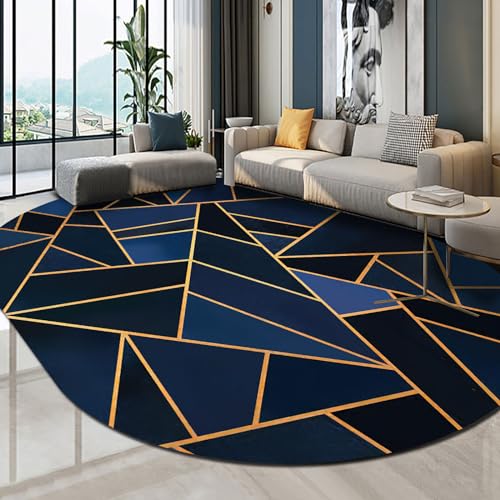 Jwujnxaq Teppich Oval Groß Wohnzimmer Modern Designer Kurzer Plüsch Schlafzimmer Dekorative Teppich Blau Schwarz Geometrische Linien, 180 x 280 cm