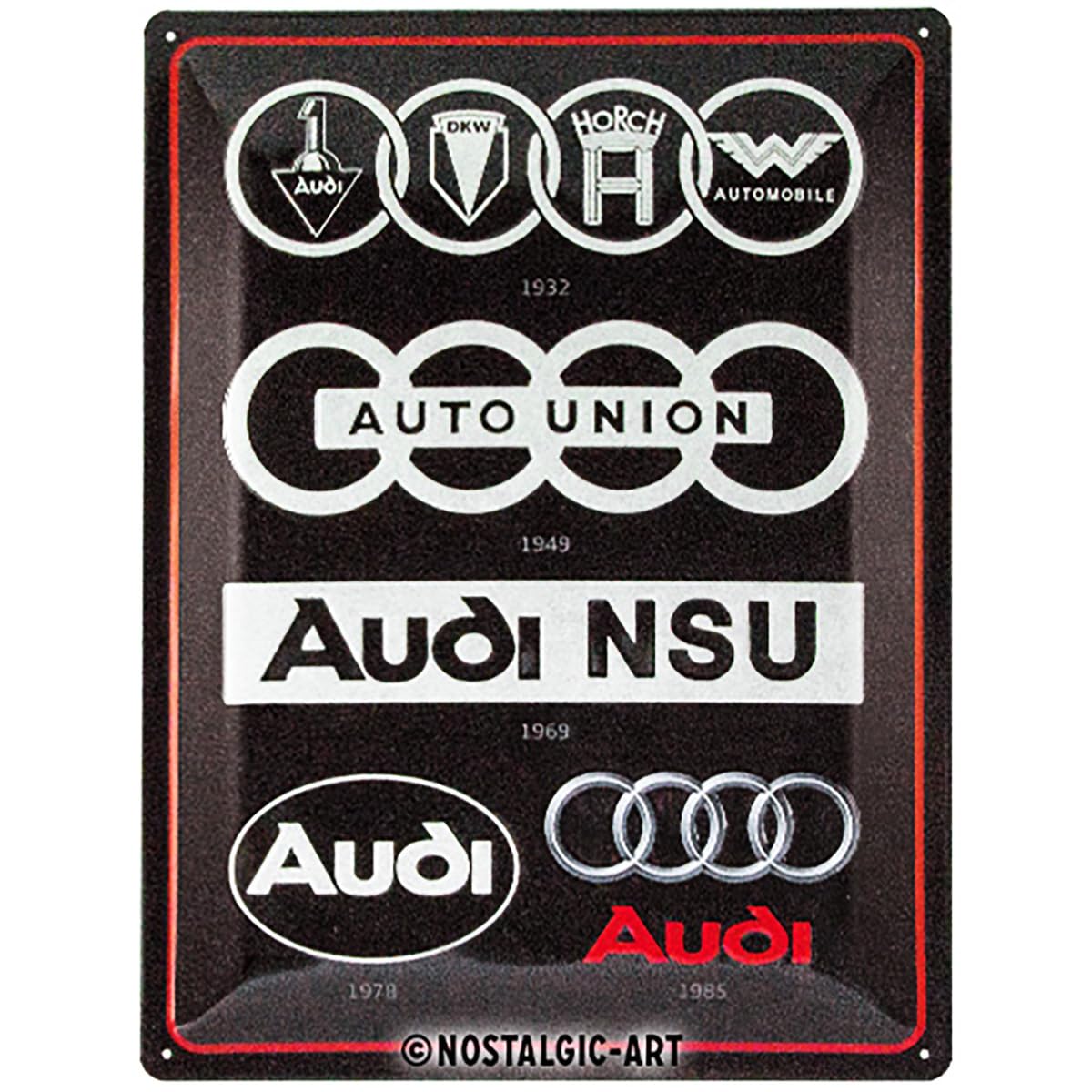 Nostalgic-Art Retro Blechschild, 30 x 40 cm, Audi – Logo Evolution – Geschenk-Idee für Audi-Zubehör Fans, aus Metall, Vintage Design