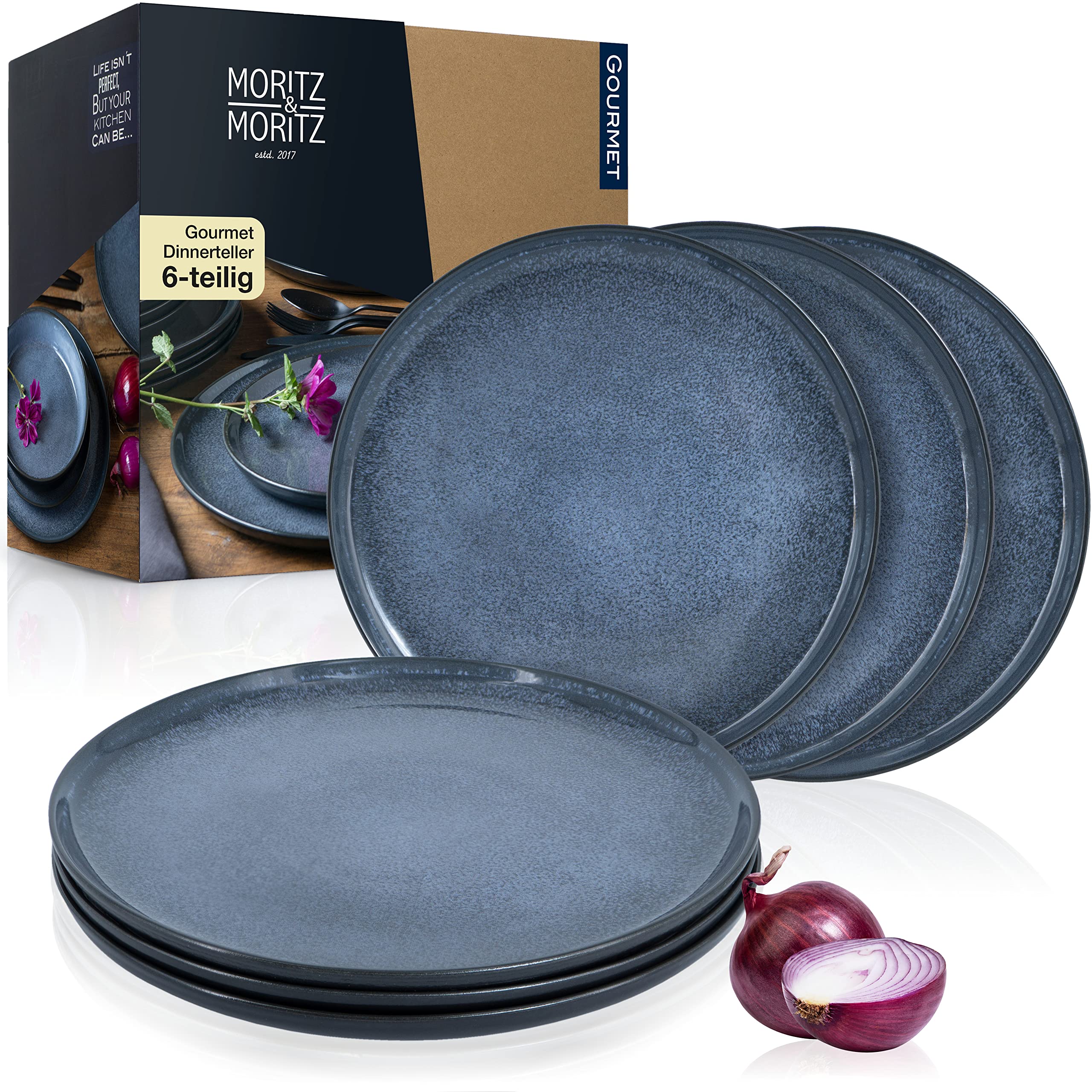 Moritz & Moritz VIDA 6er Dinner Teller Set Blau - Dinnerteller für 6 Personen - Porzellan spülmaschinen- und mikrowellengeeignet