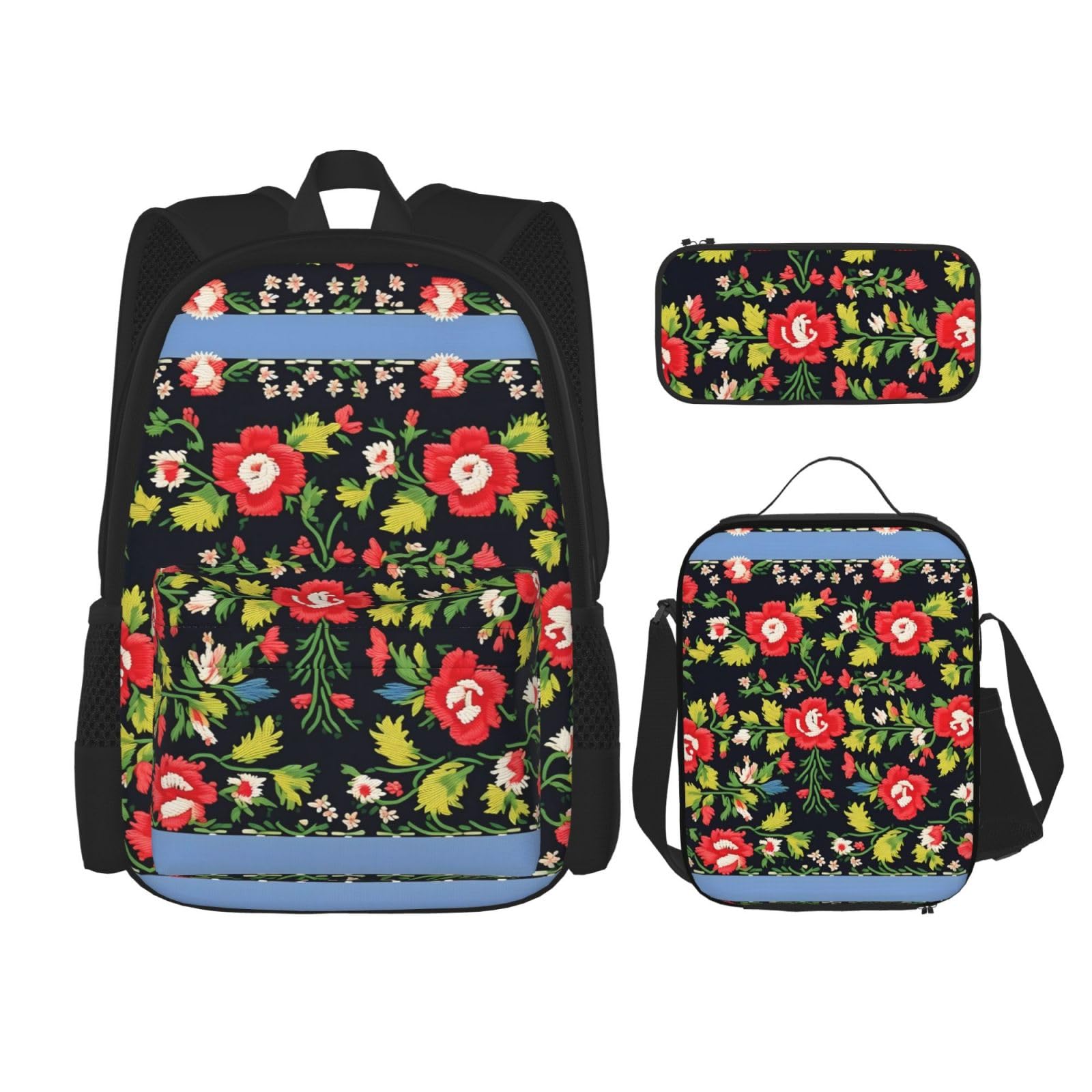 WURTON Ukrainische Stickerei Stil Rose Druck Reise Lunchbox Federmäppchen Rucksack Set 3 Stück Verstellbare Träger Leicht, Schwarz, Einheitsgröße