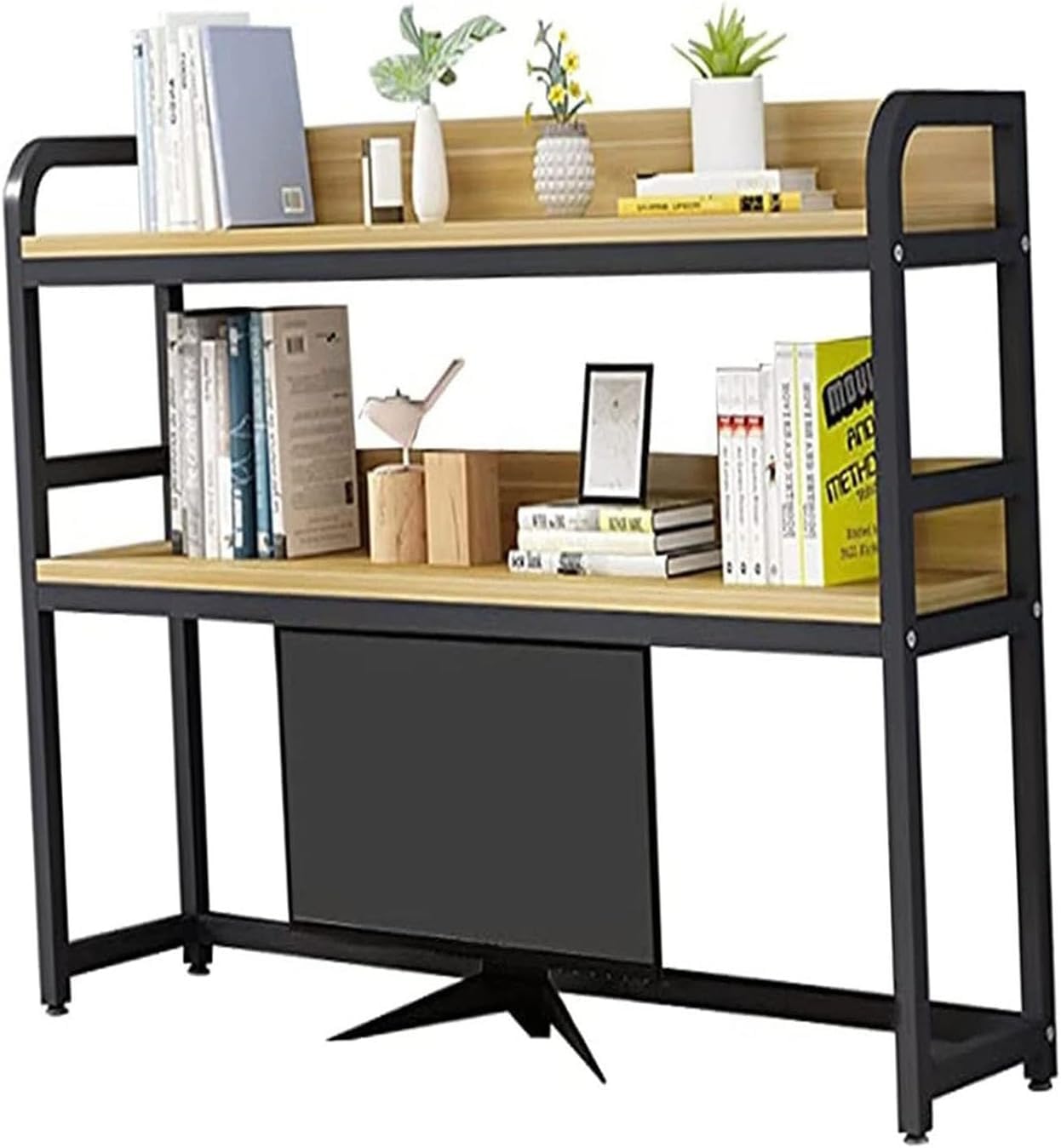 QYZUJIKL Schreibtisch-Bücherregal, 2-stufiges Schreibtisch-Bücherregal/Bücherregal – Computer-Organizer-Rack aus Holz und Metall, Schreibtisch-Bücherregal für Computertisch