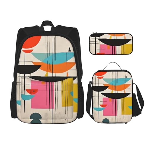 DENMER Mehrzweck-Schultasche mit pinkem Flamingo am Strand, mit passendem Federmäppchen und Lunchtasche, stilvolle All-in-One-Lösung, Moderne Drucke von Mid Century, Einheitsgröße