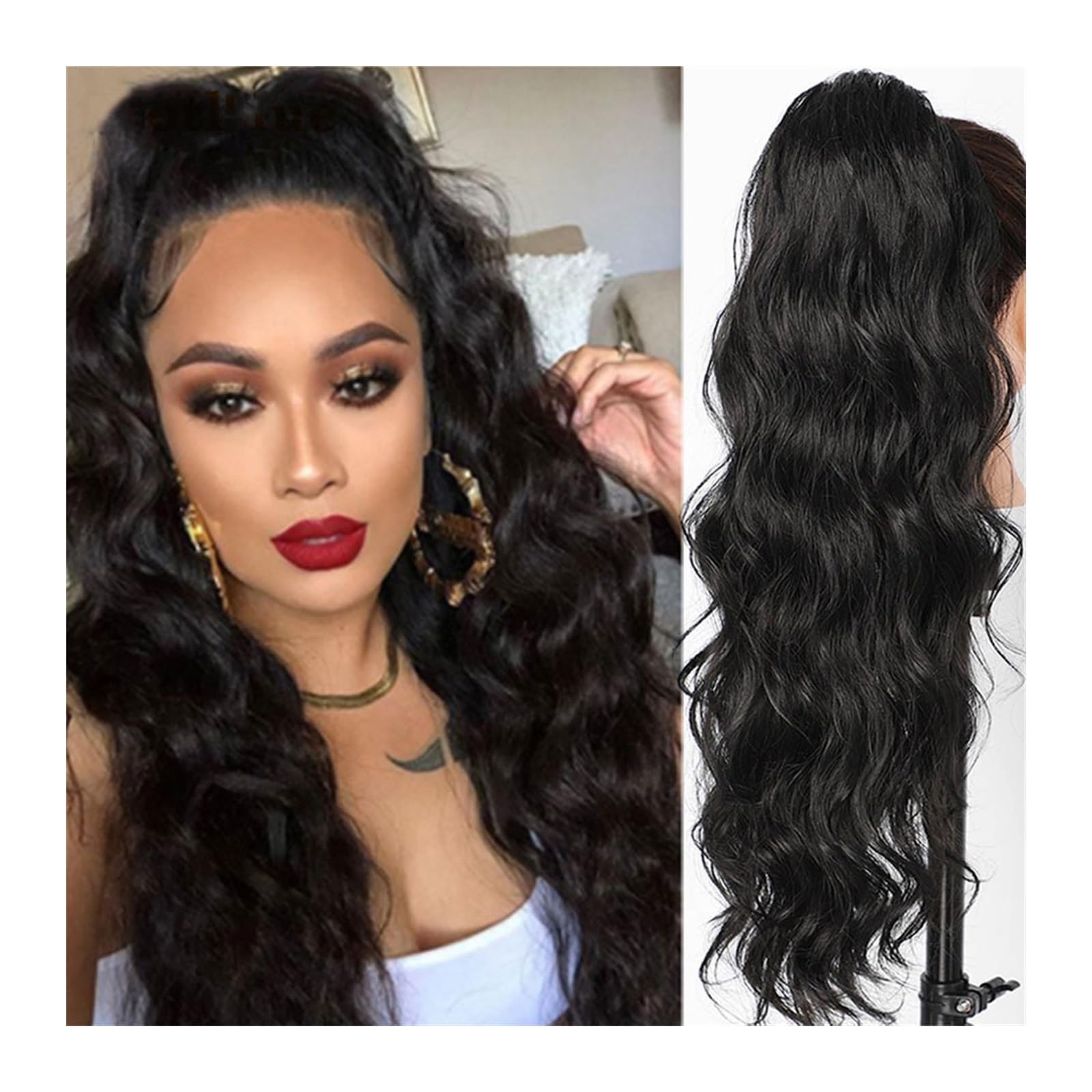 Pferdeschwanzverlängerung Body Wave for Frauen, langer, gewellter Pferdeschwanz, Echthaar, Kordelzug, Clip-in-Haarteil, schwarze Wellenverlängerung, afroamerikanischer Pferdeschwanz Pferdeschwanz-Haar