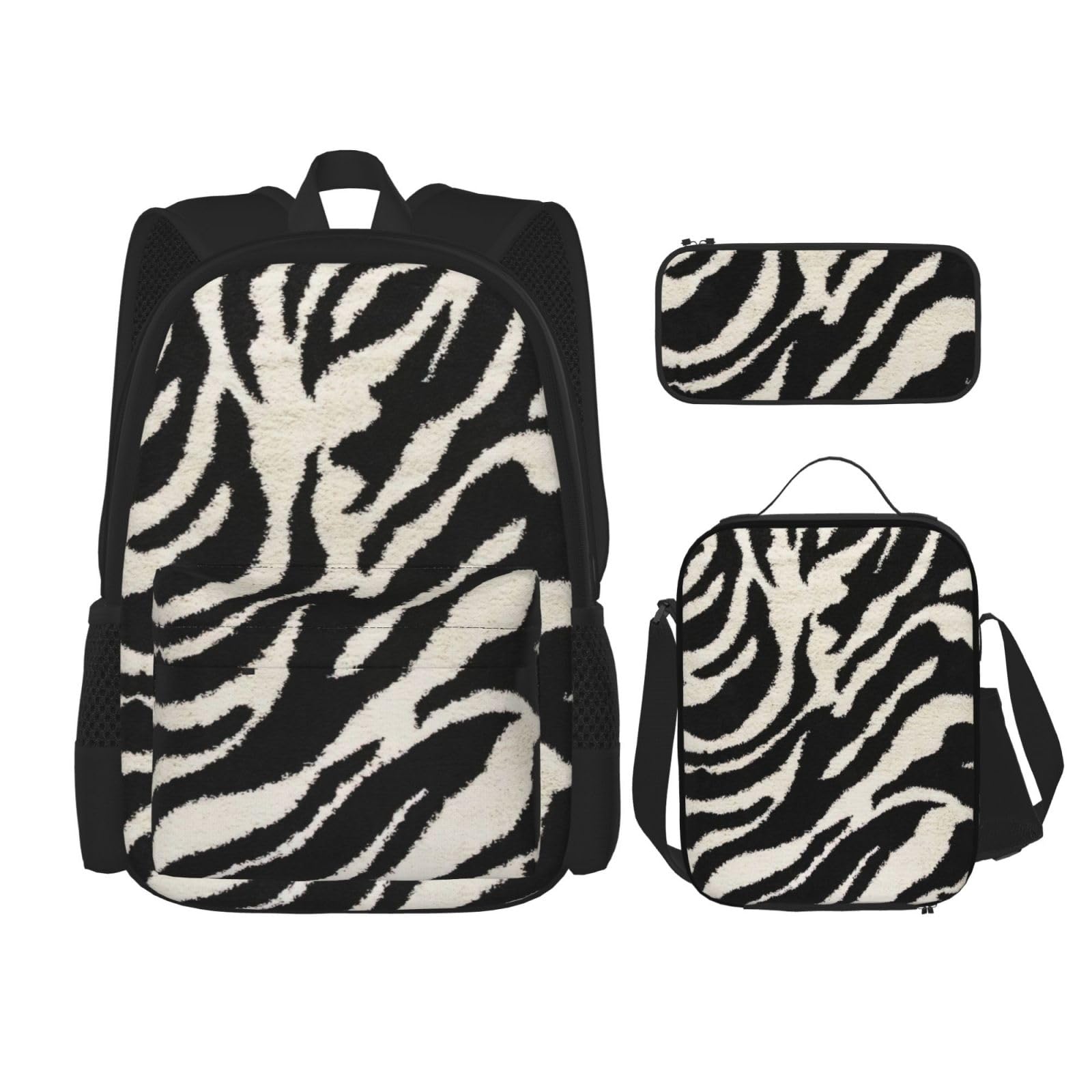 WURTON 3-in-1-Set mit Zebra-Tierdruck, lässig, verstellbar, Schulter-Rucksack, Lunch-Tasche, Federmäppchen, Beutel, Schwarz, Einheitsgröße