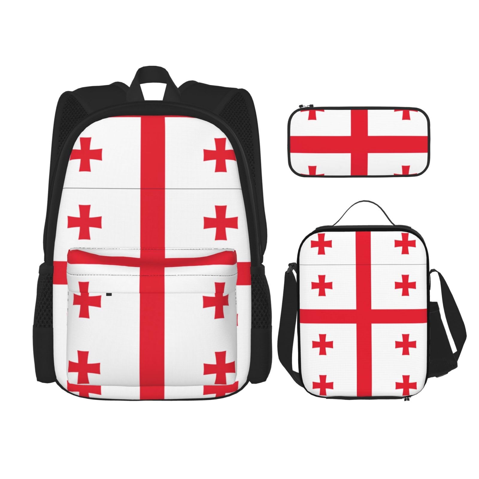 WURTON Rucksack-Set mit verstellbarer Schulterriemen, Motiv: Flagge von Georgia, Lunch-Tasche, Federmäppchen, Kombinationstaschen-Set, Schwarz , Einheitsgröße