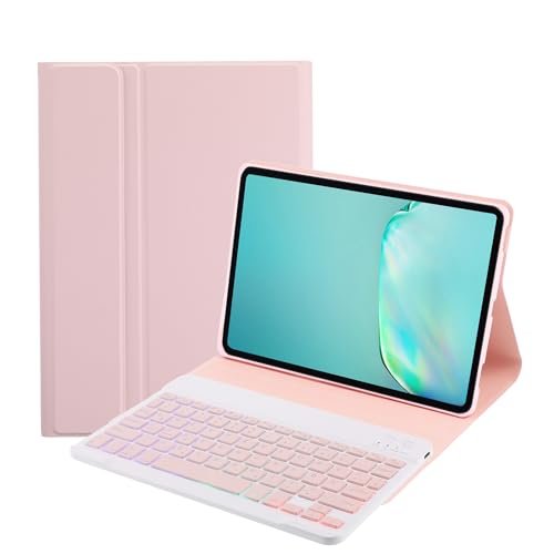 SUEEWE Tastatur Hülle für Xiaomi Redmi Pad SE 11" 2023, TPU Rückseite Hülle mit 3 Bereich 7 Farbe Beleuchtete Abnehmbarer QWERTZ Tastatur, Rosa