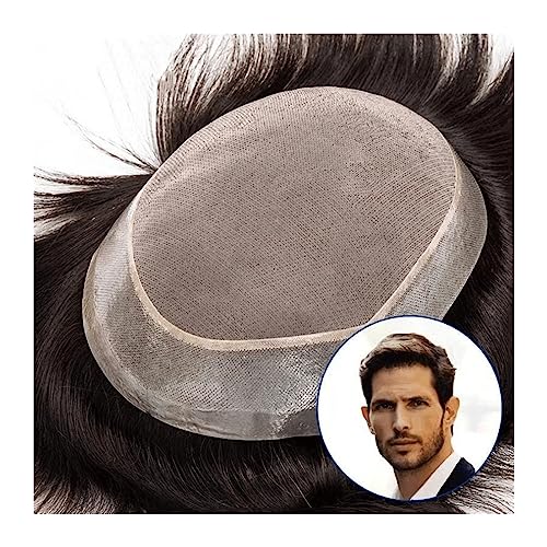 Toupet für Männer Männliches Echthaar-Toupet, feines Mono und weicher Pu-Perimeter, Herren-Toupet, atmungsaktiv, männliche Haarprothese, Kapillare, 15,2 cm, glattes Haar, Systemeinheiten (#1B) Männer