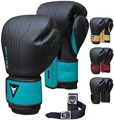 Mytra Fusion Boxhandschuhe Im Lieferumfang von Free Hand Wraps enthalten Box Handschuhe MMA Training Muay Thai Handschuhe Männer & Damen Kickbox Handschuhe (16-oz, Black/Turquoise)