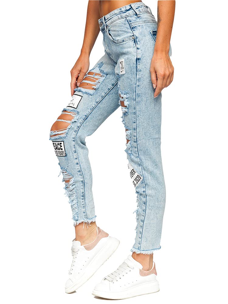 BOLF Damen Jeanshose Jeans Used Look Jeanspants Destroyed Denim Style Regular Fit Narrow Leg Freizeit Casual Style JK8602 Blau XL [F6F]