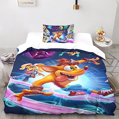 UKALOU Crash Bandicoot Spielfiguren Bettwäsche Bettdecken Set Weiche Angenehme Mikrofaser Kinder Erwachsene, 3D Druck Bettbezug Bettwäsche Set Single（135x200cm）