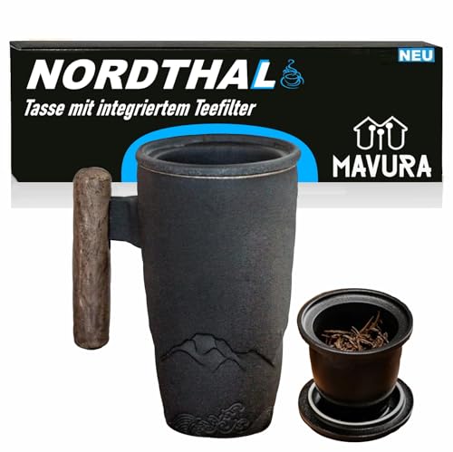 NORDTHAL Teebecher Set Kaffeetasse Teetasse Keramik Tasse mit integriertem Teefilter Holzgriff Mountainblack handgefertigt