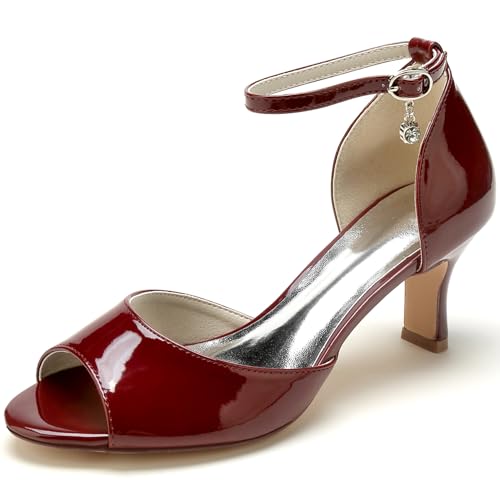 RUIZE Rot,39,Damen-Brautschuhe mit Knöchelriemen, 6,5 cm niedriger Absatz, Peep-Toe-Pumps aus Satin, für Hochzeit, Abschlussball, Party