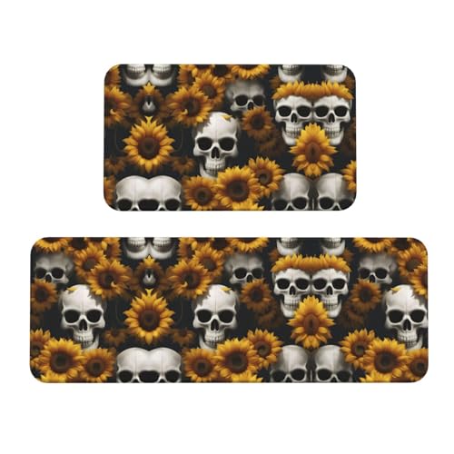 YQxwJL Küchenteppich, Motiv: Sonnenblumen-Halloween-Totenkopf-Druck, rutschfeste Küchenmatte, 2er-Set, bequeme Standmatten für Küche, Büro