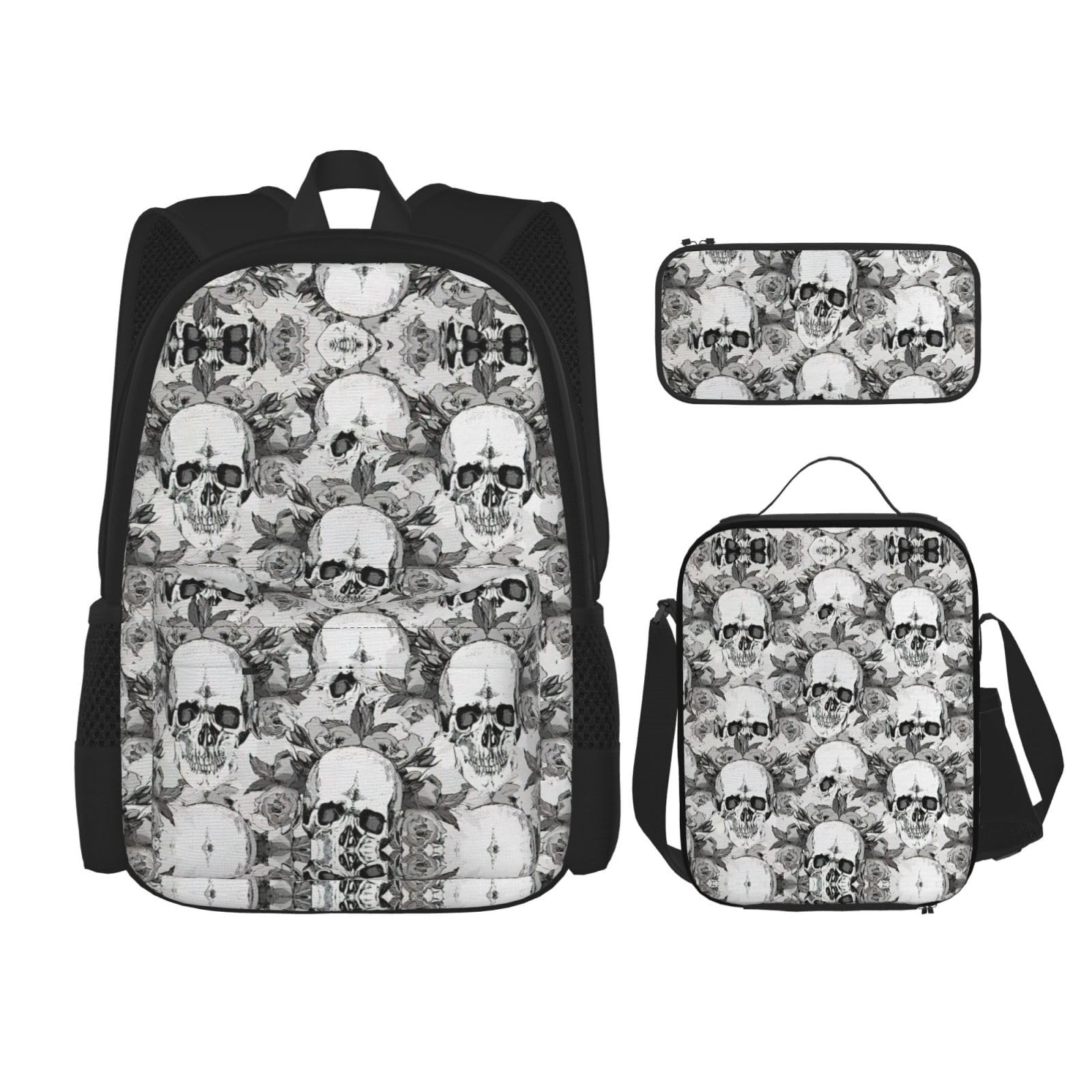 WURTON Totenkopf-Skelett-Druck, verstellbare Schultergurte, Rucksack-Set, Lunchtasche, Federmäppchen, Kombinationstaschen-Set