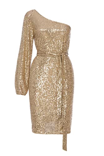 Swing Fashion Women's Marley Minikleid Damen | Elegantes Festliches Partykleid | Abendkleid | Hochzeitskleider | Kurzkleid | Glitzer Sexy | EIN Schulter Kleid | Gold | 34 (XS)