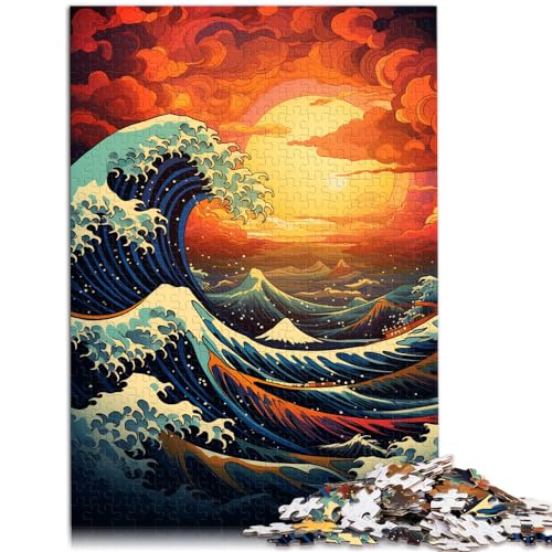 Puzzlespiel, farbenfroher Psychedelischer Sonnenuntergang mit Meereswellen, Puzzle für Erwachsene, 1000 Holzpuzzles, Künstlersammlung, bildende Kunst, 1000 Teile (50 x 75 cm)