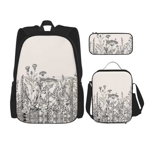 WURTON 3-in-1-Set mit Blumen-Kräuter-Gravur, lässiger verstellbarer Schulter-Rucksack, Lunch-Tasche, Federmäppchen, Beutel, Schwarz, Einheitsgröße